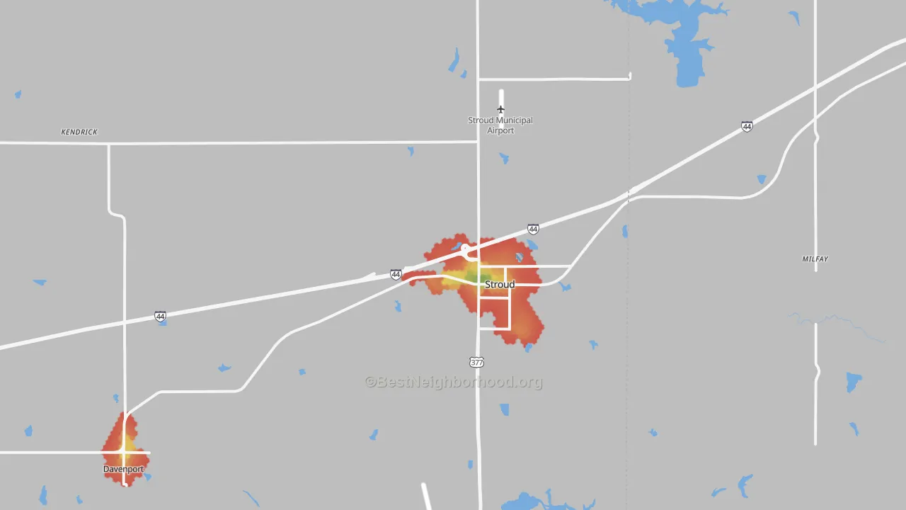 Walk Grade map of 74079, OK, walkable areas in green and car-dependent areas in red