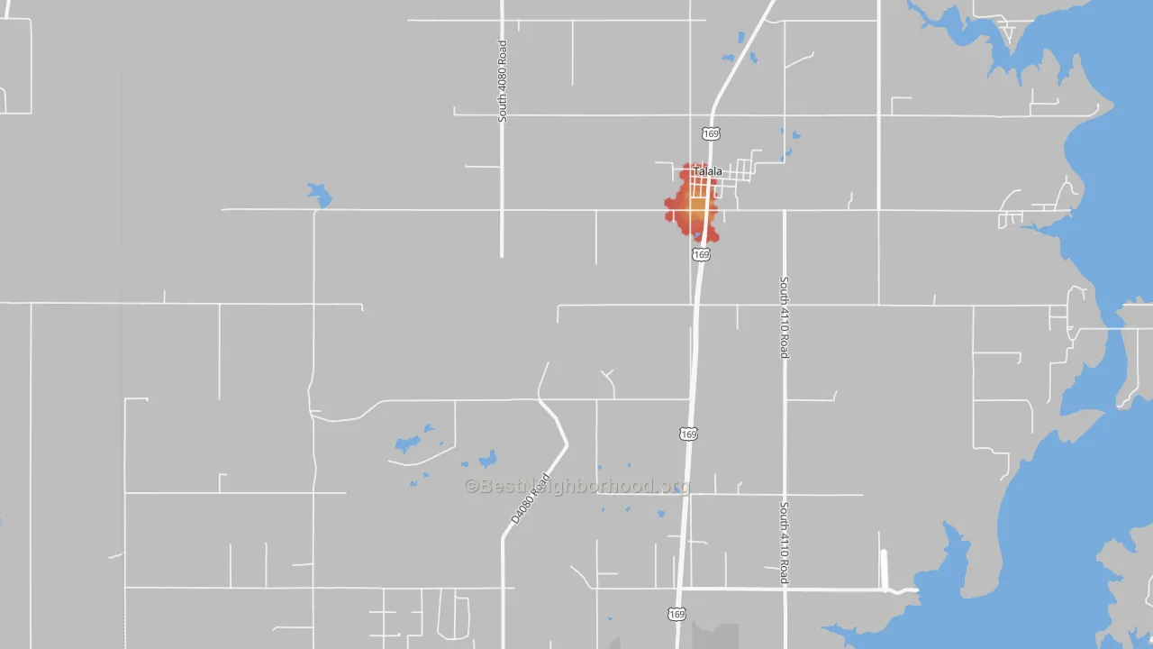 Walk Grade map of 74080, OK, walkable areas in green and car-dependent areas in red