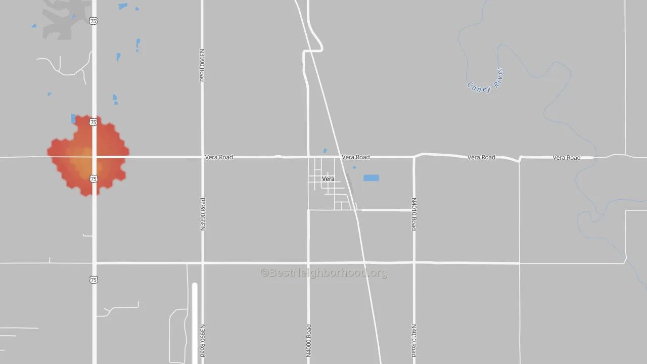 Walk Grade map of 74082, OK, walkable areas in green and car-dependent areas in red