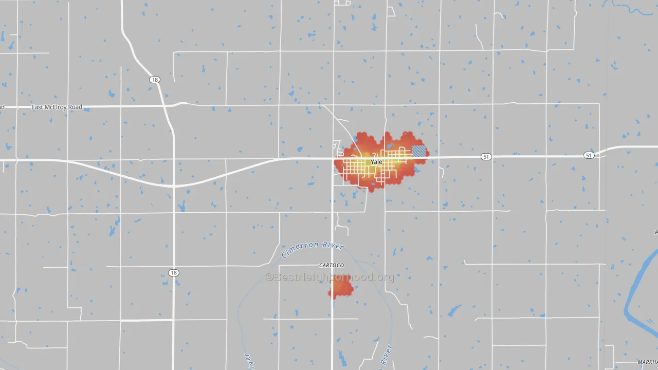 Walk Grade map of 74085, OK, walkable areas in green and car-dependent areas in red