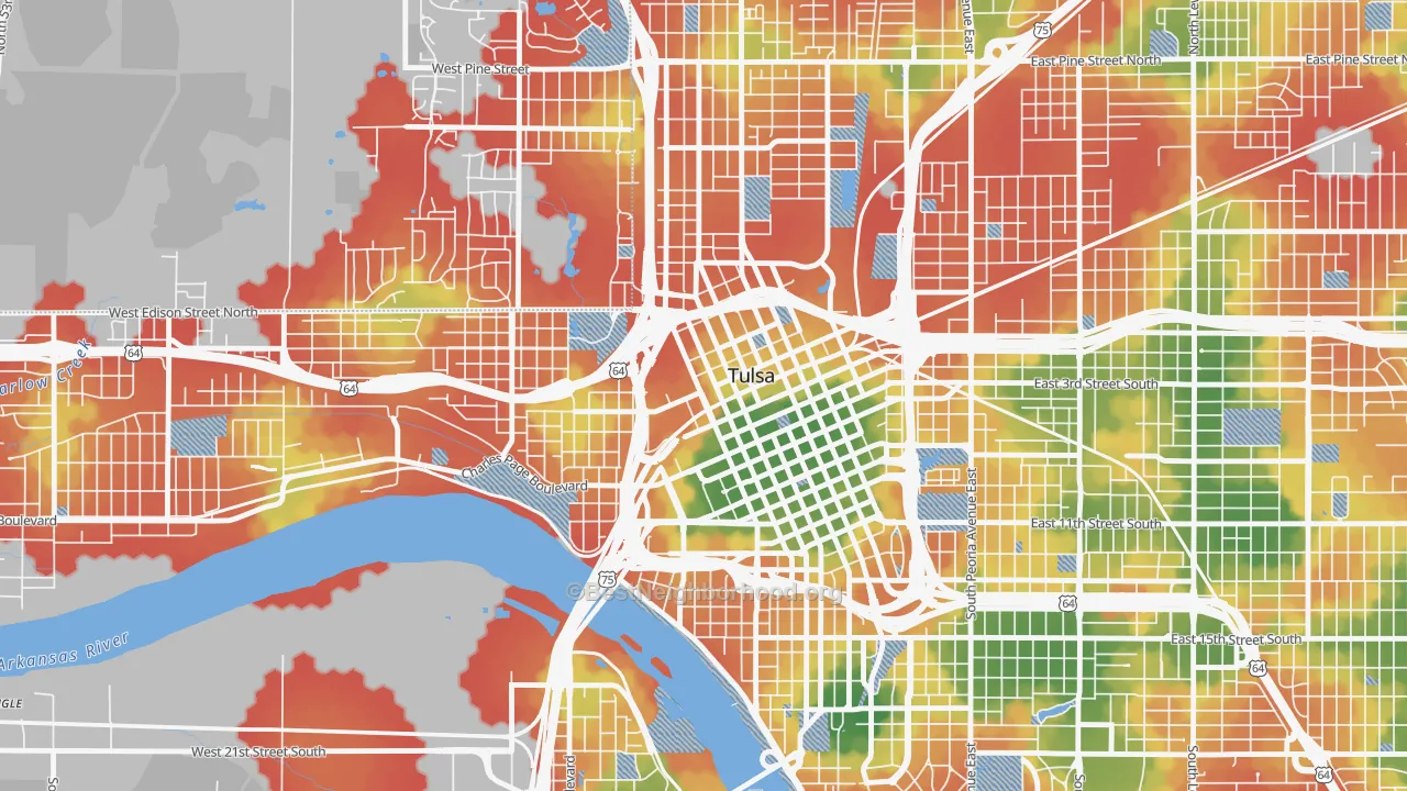 Walk Grade map of 74103, OK, walkable areas in green and car-dependent areas in red