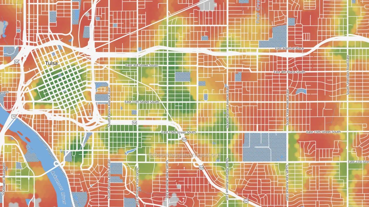 Walk Grade map of 74104, OK, walkable areas in green and car-dependent areas in red