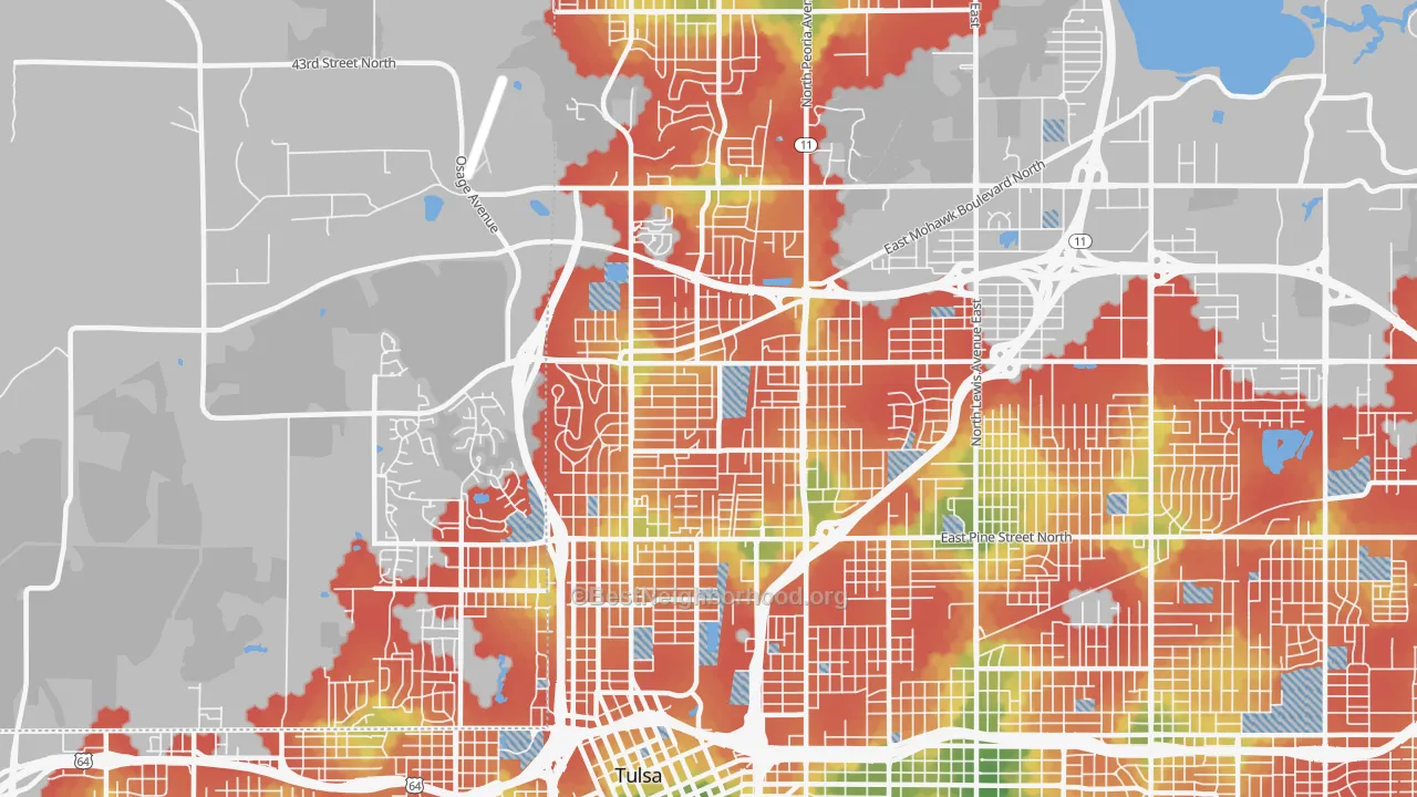 Walk Grade map of 74106, OK, walkable areas in green and car-dependent areas in red
