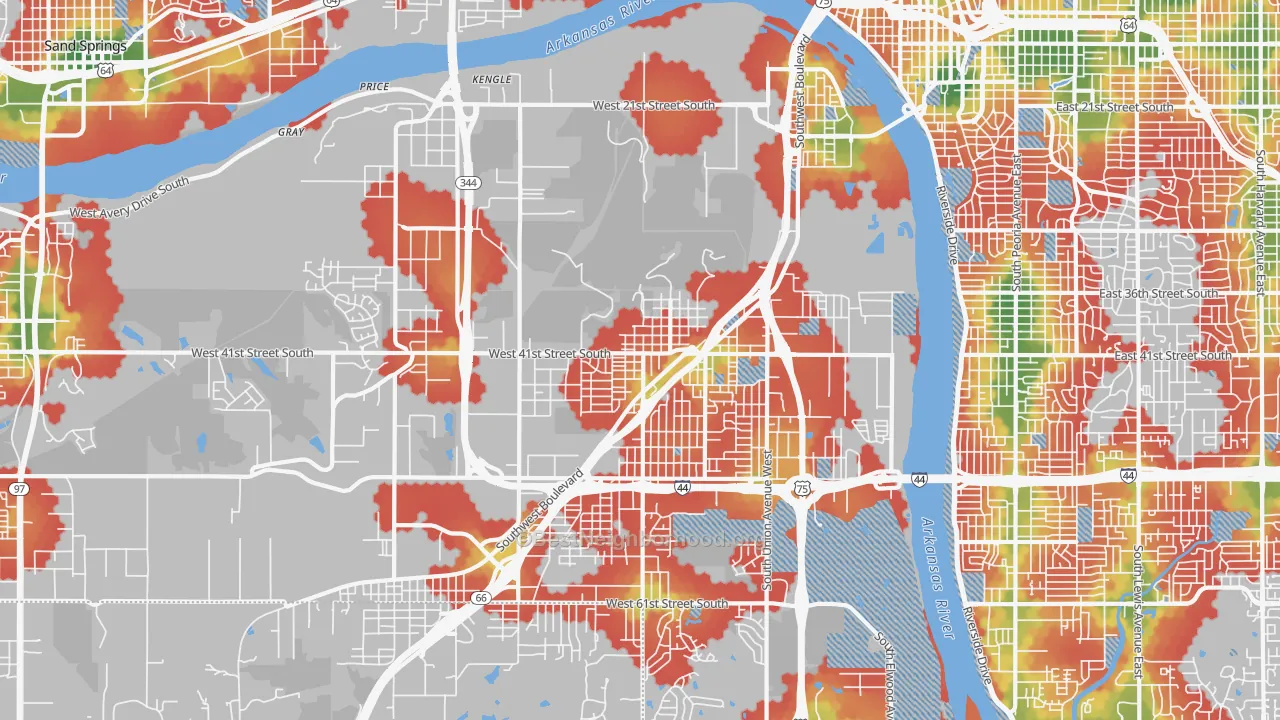 Walk Grade map of 74107, OK, walkable areas in green and car-dependent areas in red