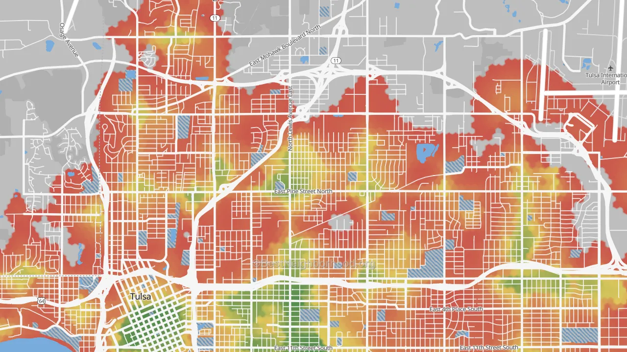 Walk Grade map of 74110, OK, walkable areas in green and car-dependent areas in red