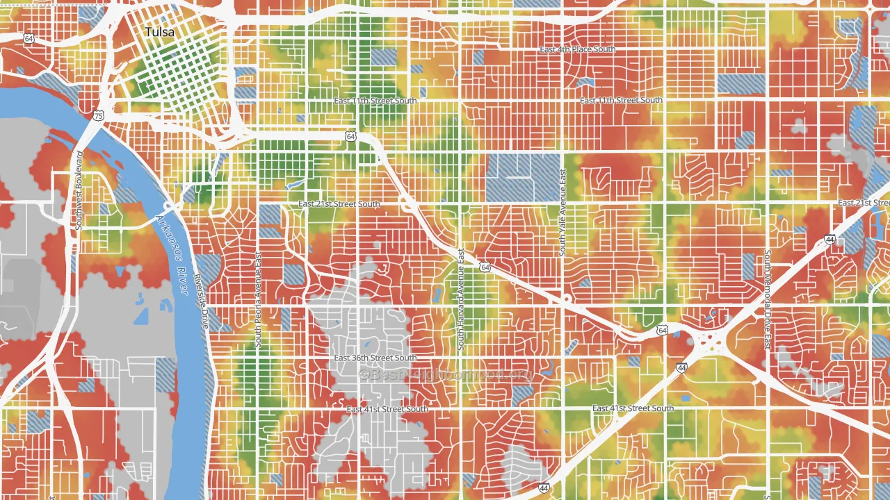 Walk Grade map of 74114, OK, walkable areas in green and car-dependent areas in red