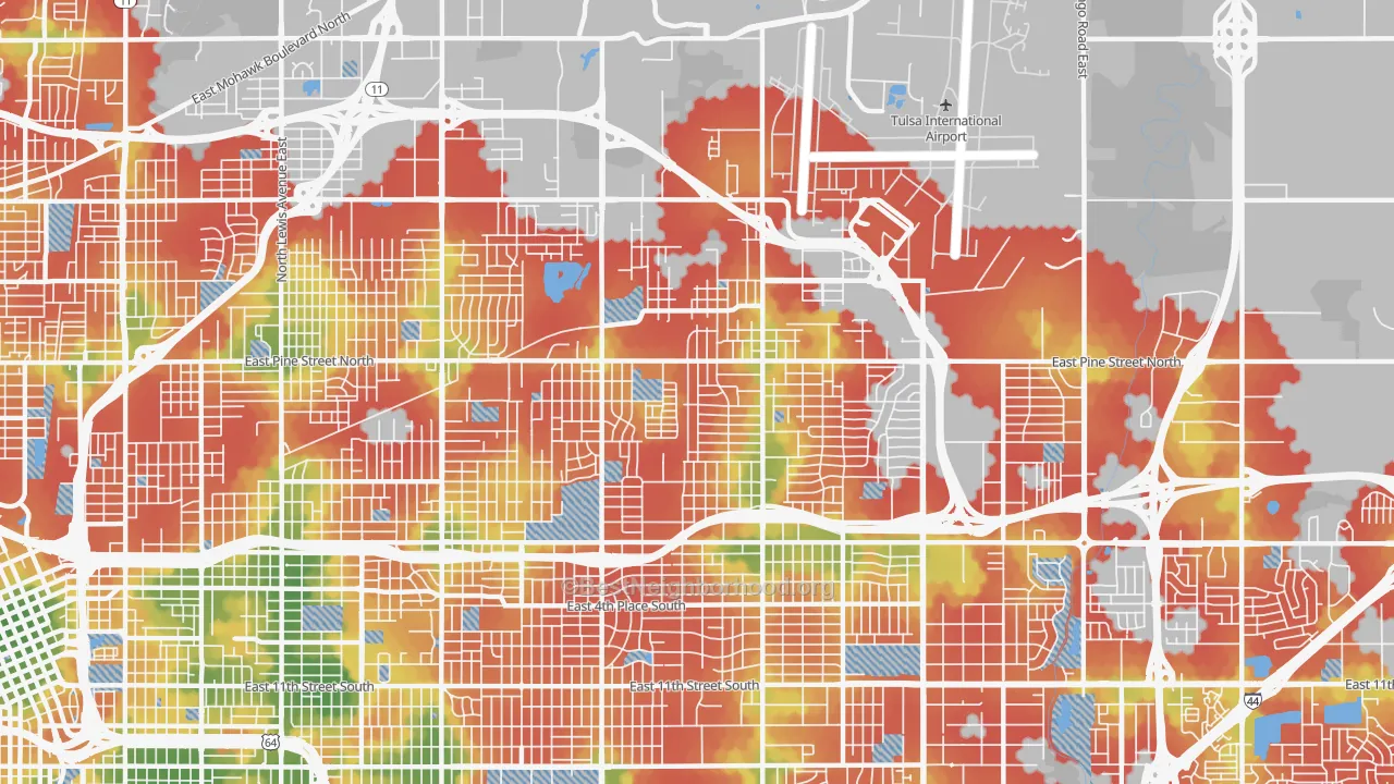 Walk Grade map of 74115, OK, walkable areas in green and car-dependent areas in red