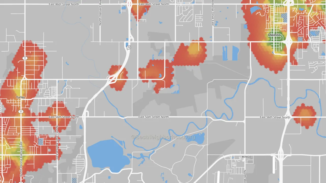 Walk Grade map of 74117, OK, walkable areas in green and car-dependent areas in red