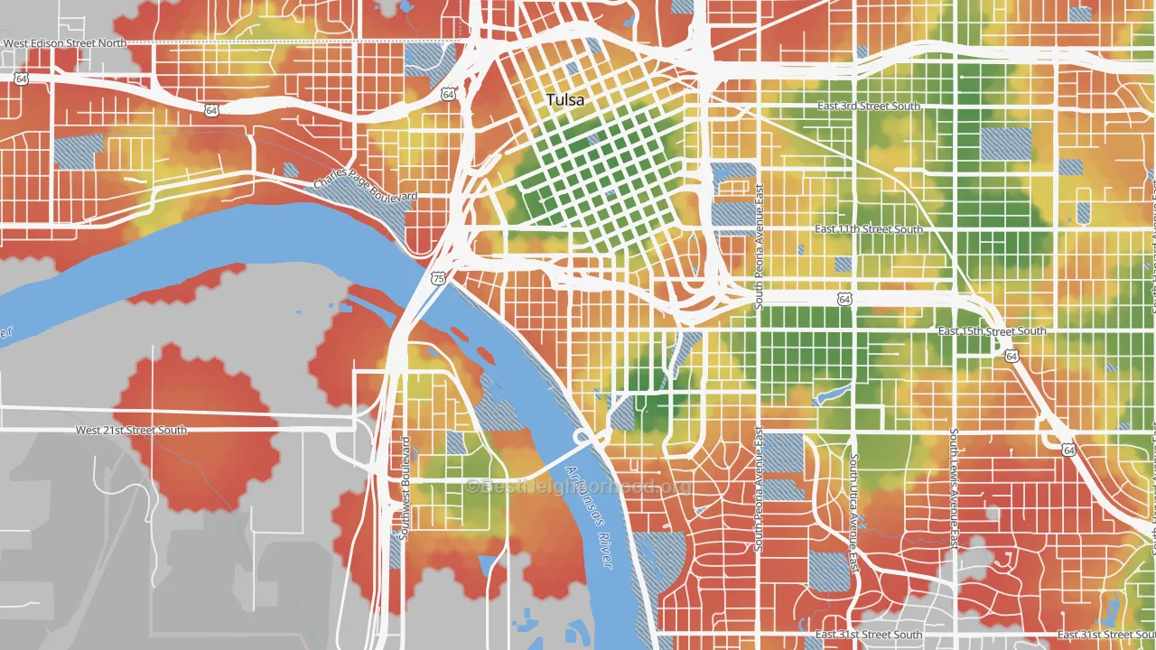 Walk Grade map of 74119, OK, walkable areas in green and car-dependent areas in red