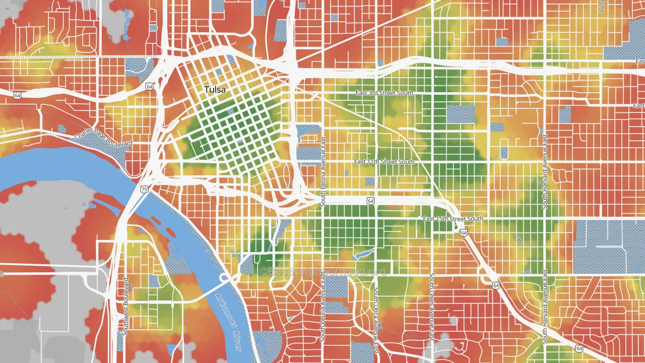 Walk Grade map of 74120, OK, walkable areas in green and car-dependent areas in red