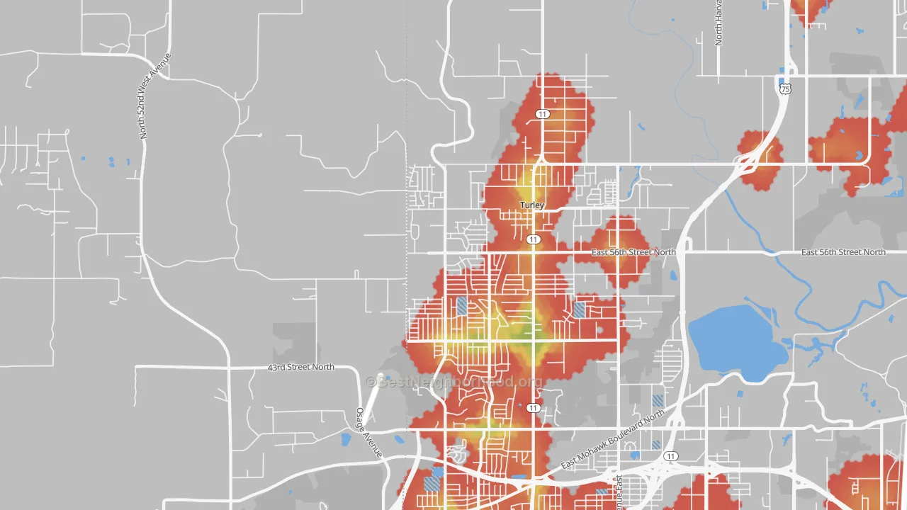 Walk Grade map of 74126, OK, walkable areas in green and car-dependent areas in red