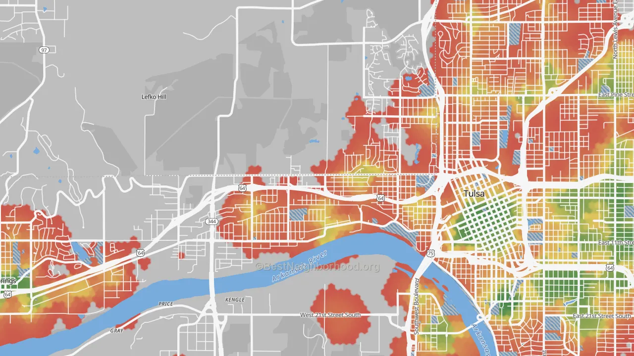 Walk Grade map of 74127, OK, walkable areas in green and car-dependent areas in red
