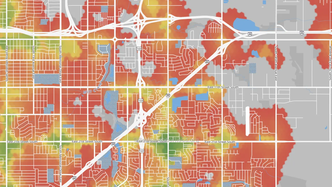 Walk Grade map of 74128, OK, walkable areas in green and car-dependent areas in red