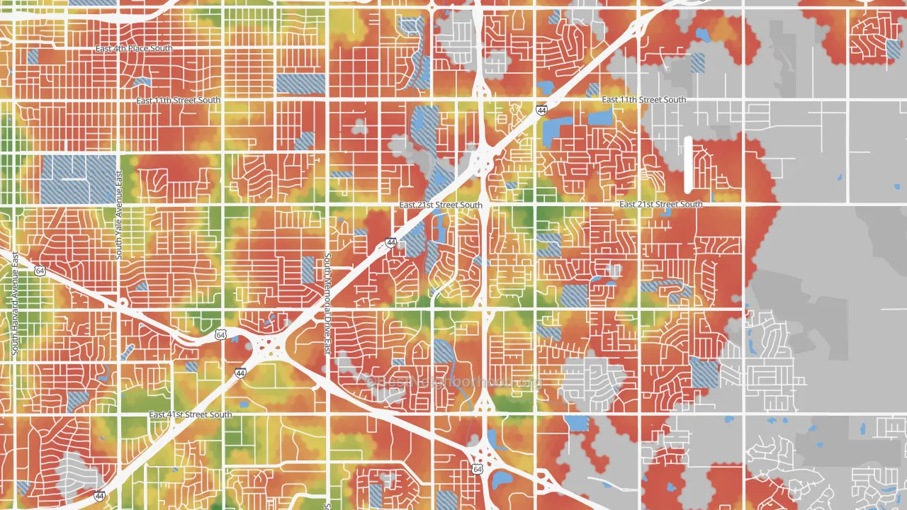 Walk Grade map of 74129, OK, walkable areas in green and car-dependent areas in red