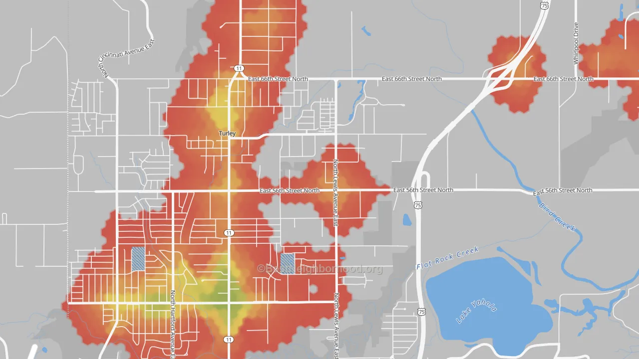 Walk Grade map of 74130, OK, walkable areas in green and car-dependent areas in red