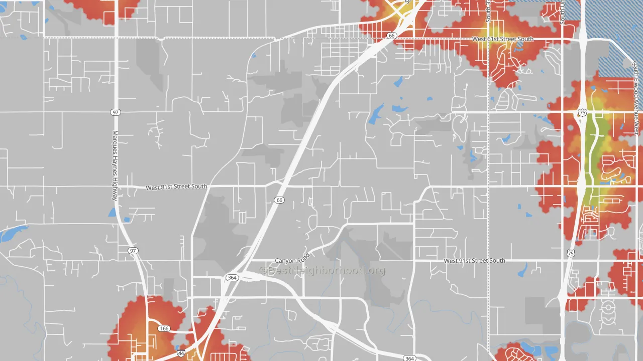 Walk Grade map of 74131, OK, walkable areas in green and car-dependent areas in red