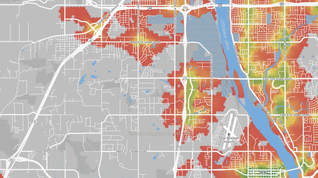 Walk Grade map of 74132, OK, walkable areas in green and car-dependent areas in red