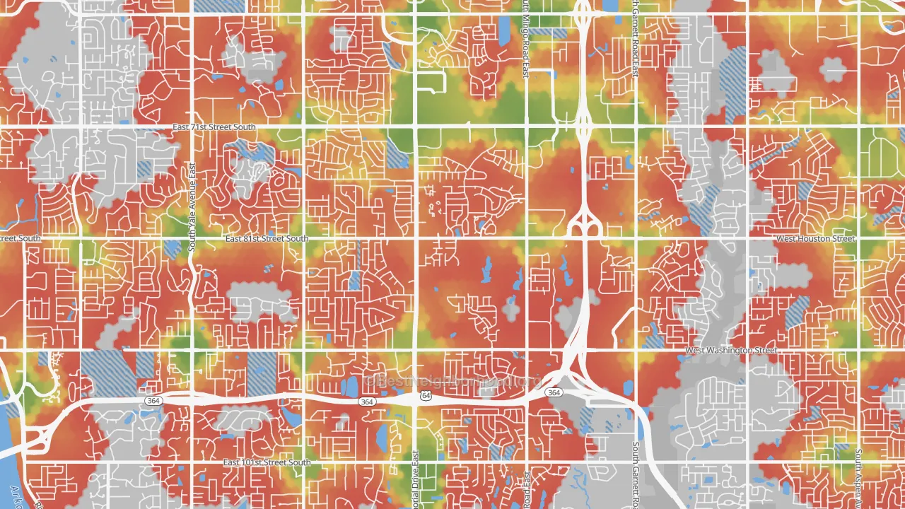 Walk Grade map of 74133, OK, walkable areas in green and car-dependent areas in red