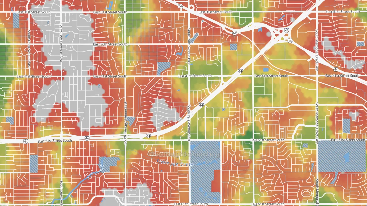Walk Grade map of 74135, OK, walkable areas in green and car-dependent areas in red