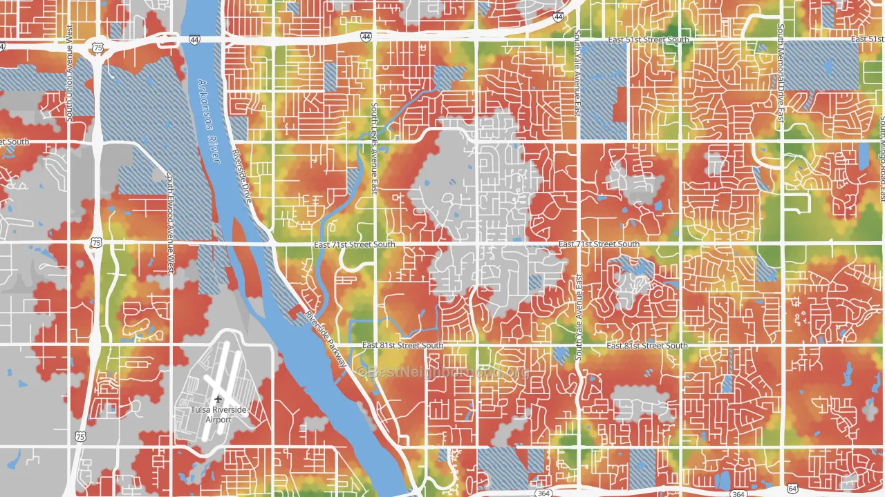 Walk Grade map of 74136, OK, walkable areas in green and car-dependent areas in red
