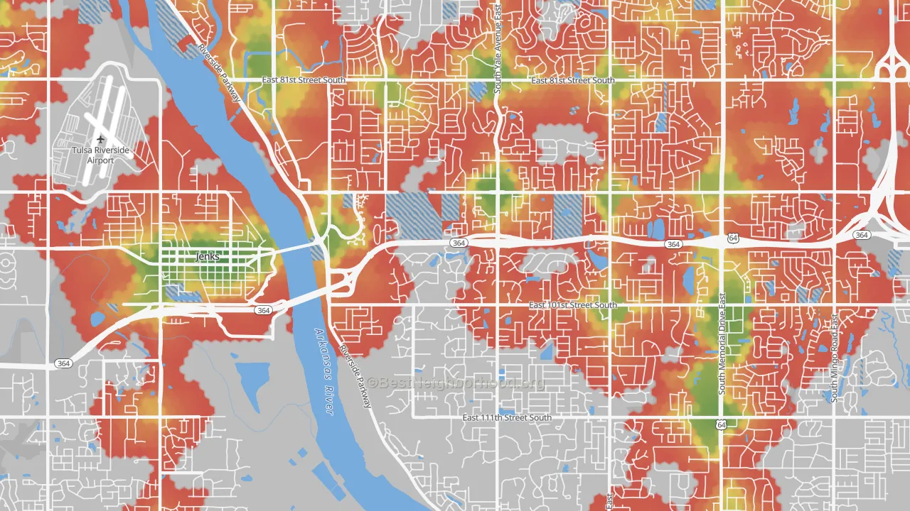 Walk Grade map of 74137, OK, walkable areas in green and car-dependent areas in red