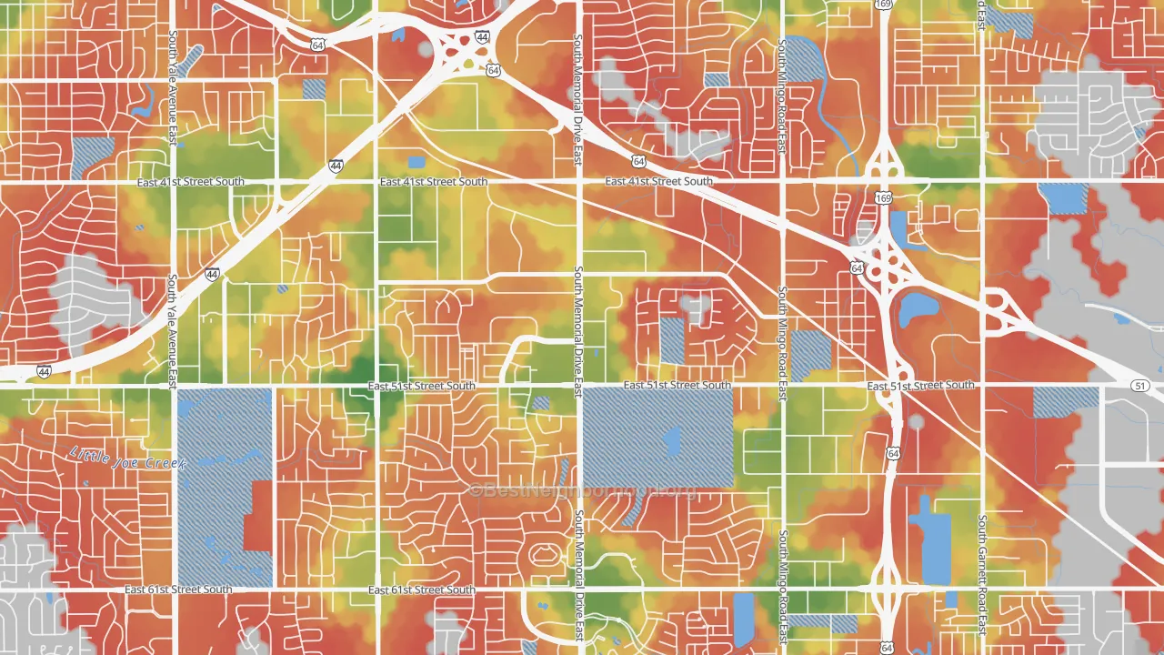Walk Grade map of 74145, OK, walkable areas in green and car-dependent areas in red