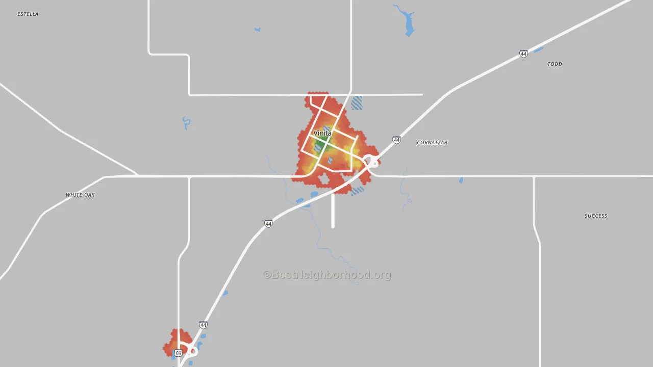 Walk Grade map of 74301, OK, walkable areas in green and car-dependent areas in red