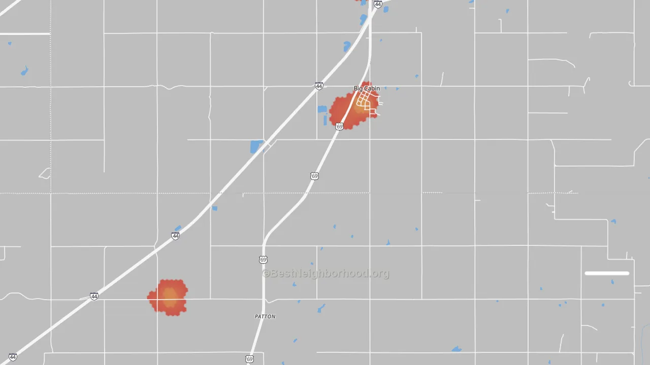 Walk Grade map of 74332, OK, walkable areas in green and car-dependent areas in red