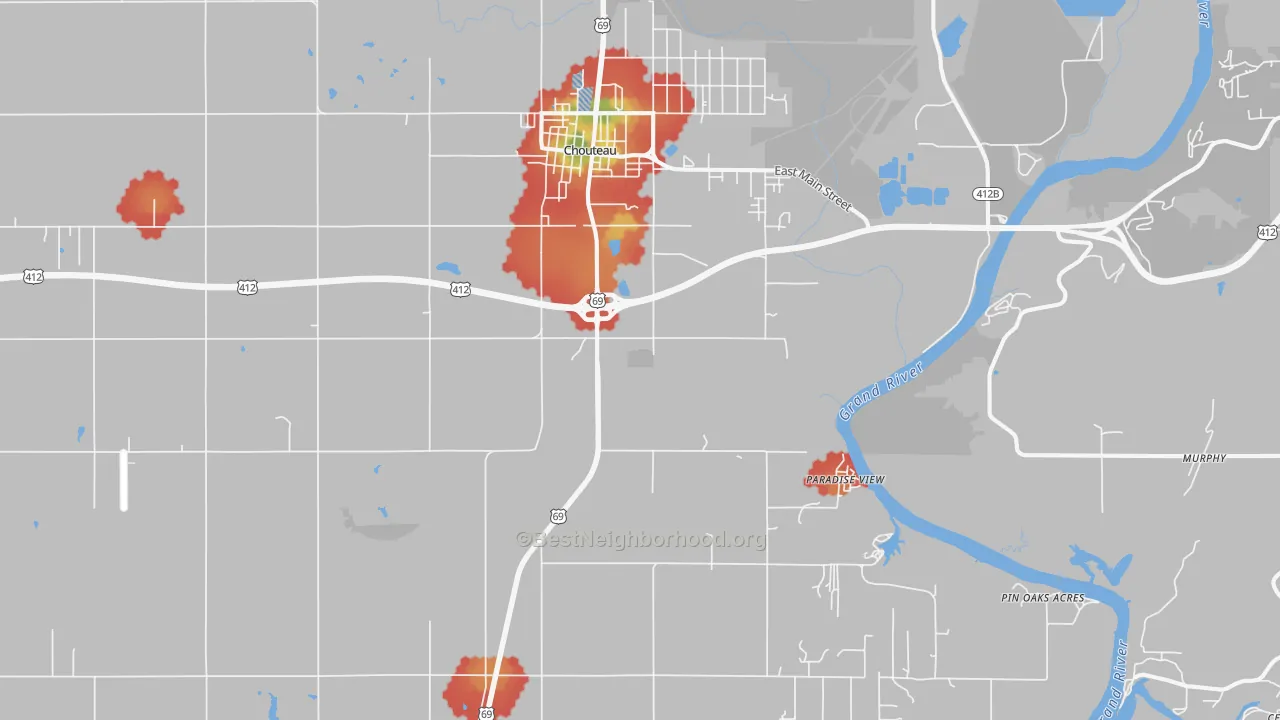 Walk Grade map of 74337, OK, walkable areas in green and car-dependent areas in red
