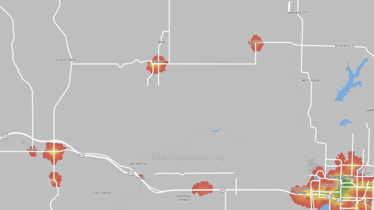 Walk Grade map of 74338, OK, walkable areas in green and car-dependent areas in red