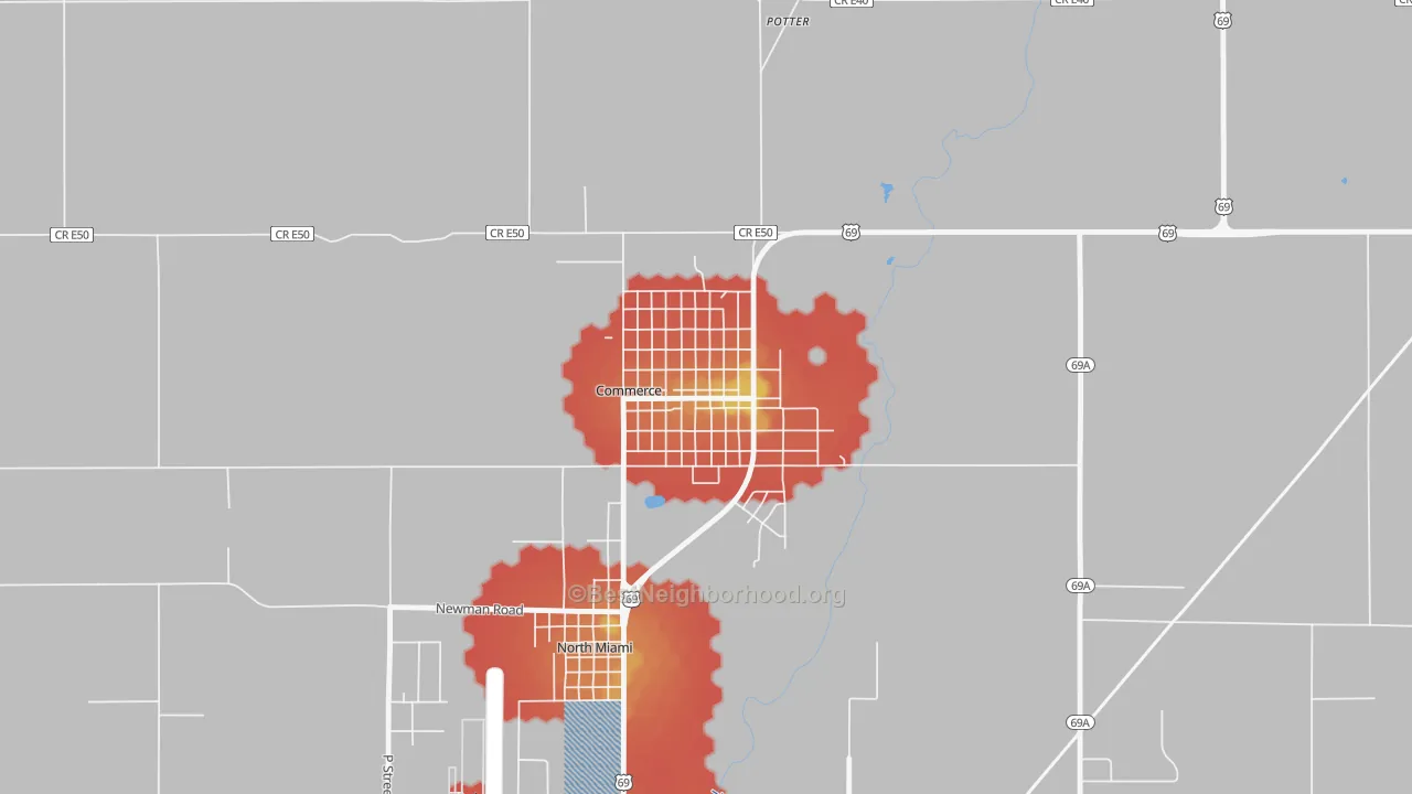 Walk Grade map of 74339, OK, walkable areas in green and car-dependent areas in red