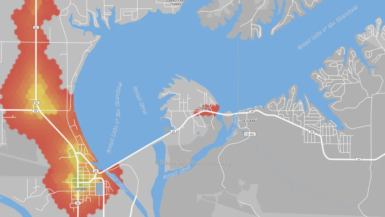 Walk Grade map of 74340, OK, walkable areas in green and car-dependent areas in red