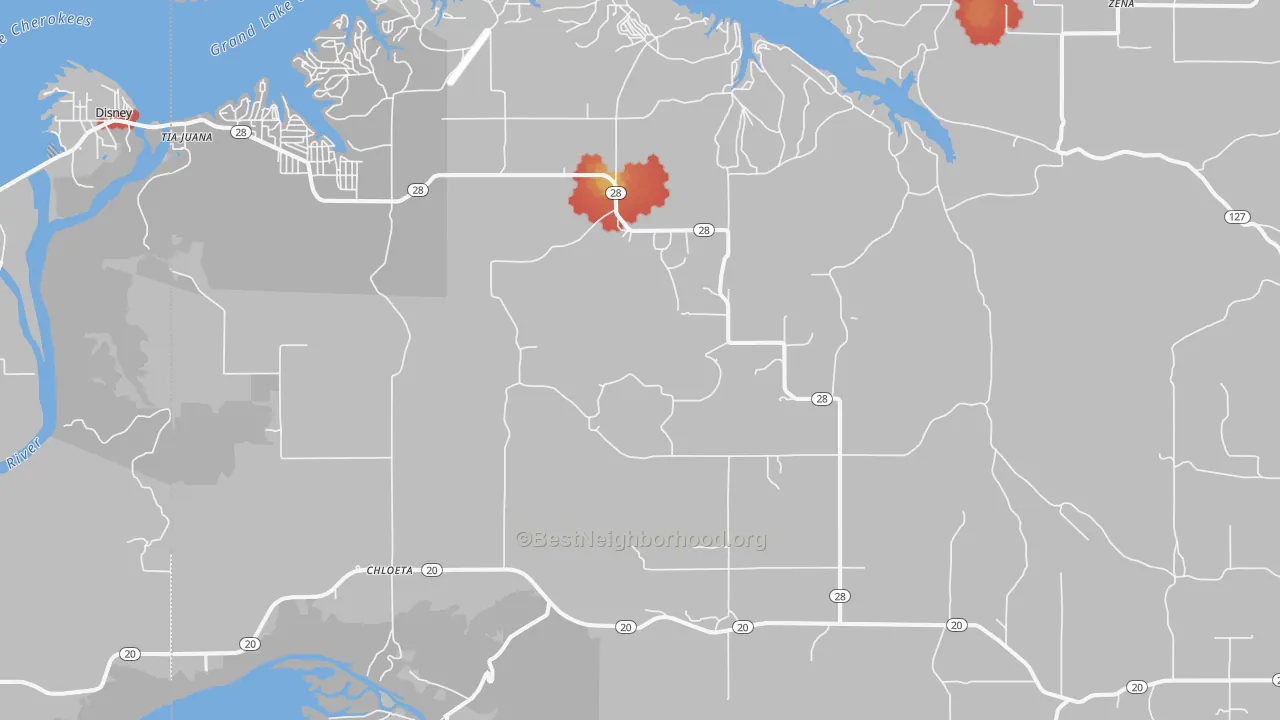 Walk Grade map of 74342, OK, walkable areas in green and car-dependent areas in red