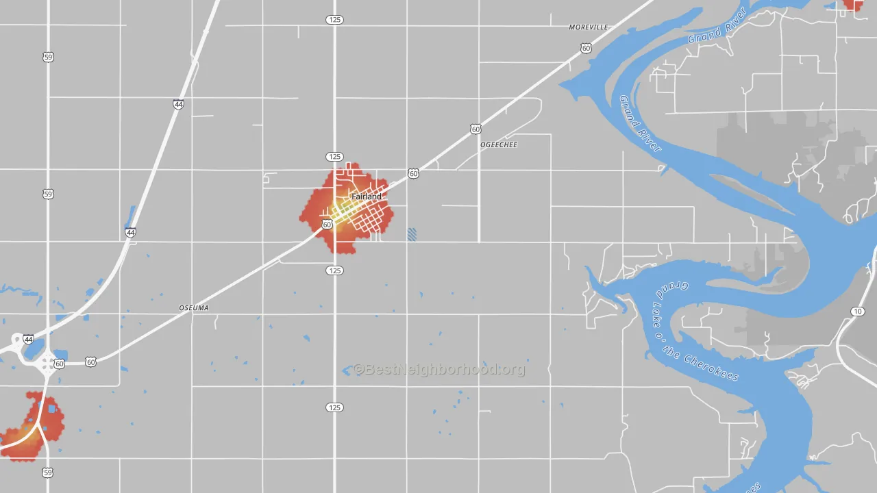 Walk Grade map of 74343, OK, walkable areas in green and car-dependent areas in red