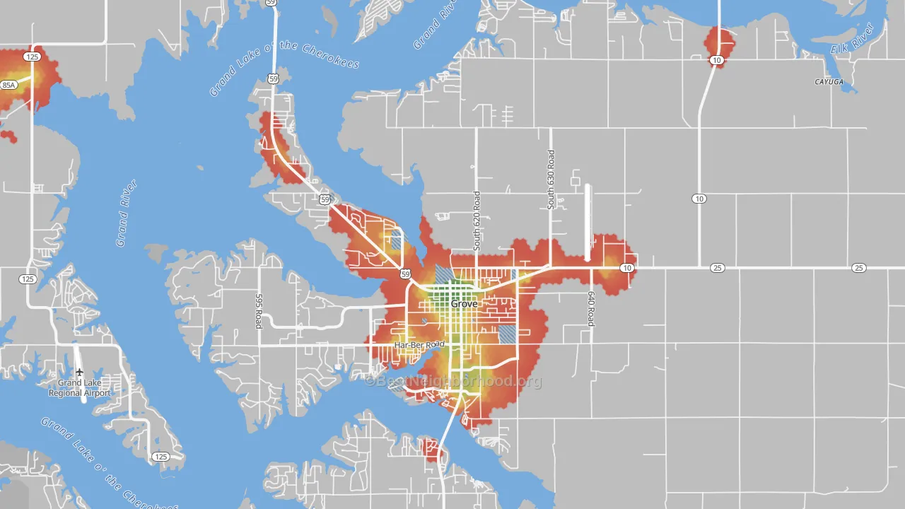Walk Grade map of 74344, OK, walkable areas in green and car-dependent areas in red