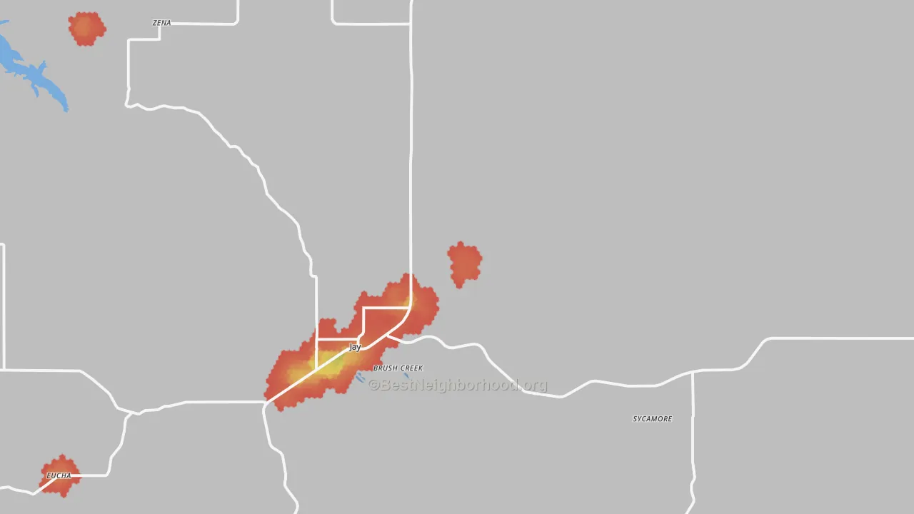 Walk Grade map of 74346, OK, walkable areas in green and car-dependent areas in red