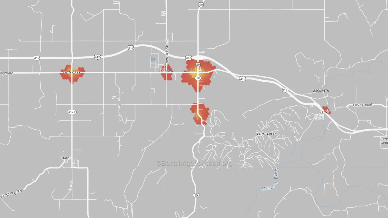 Walk Grade map of 74347, OK, walkable areas in green and car-dependent areas in red