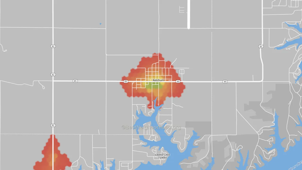 Walk Grade map of 74349, OK, walkable areas in green and car-dependent areas in red