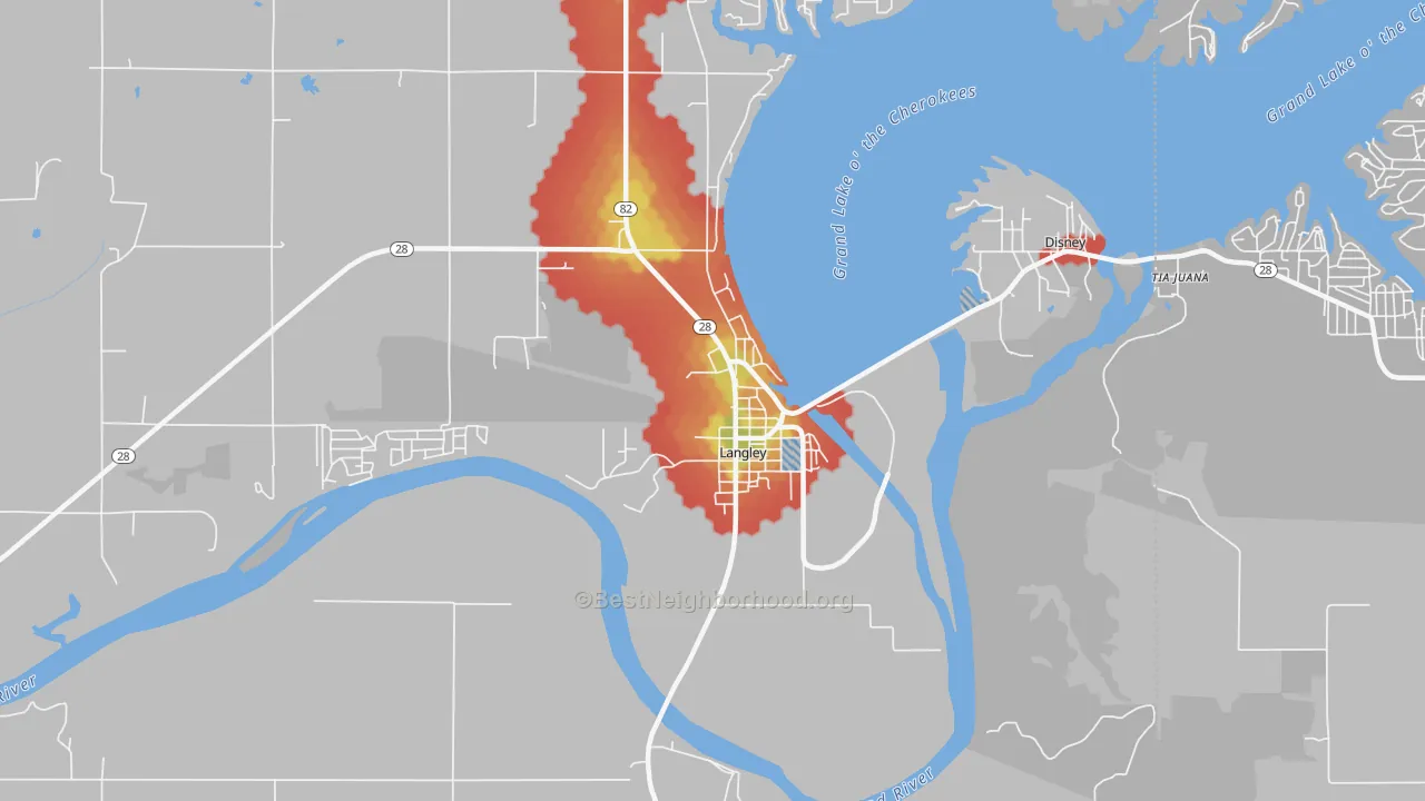 Walk Grade map of 74350, OK, walkable areas in green and car-dependent areas in red