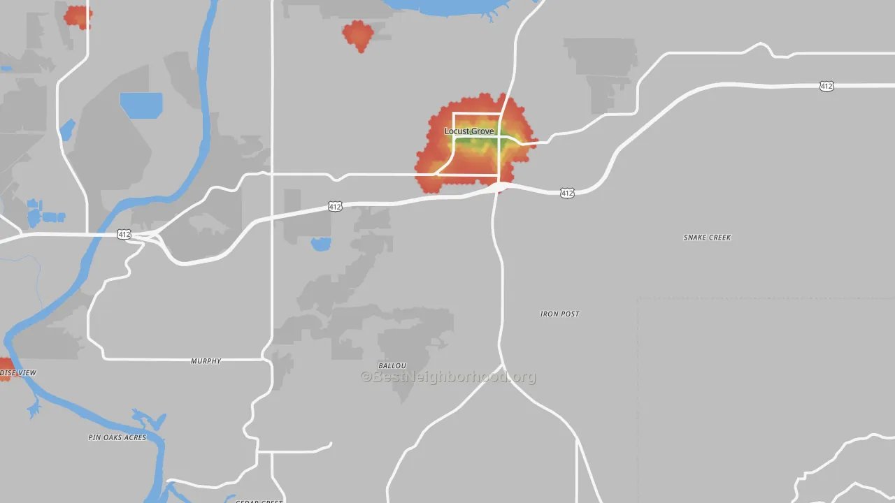 Walk Grade map of 74352, OK, walkable areas in green and car-dependent areas in red