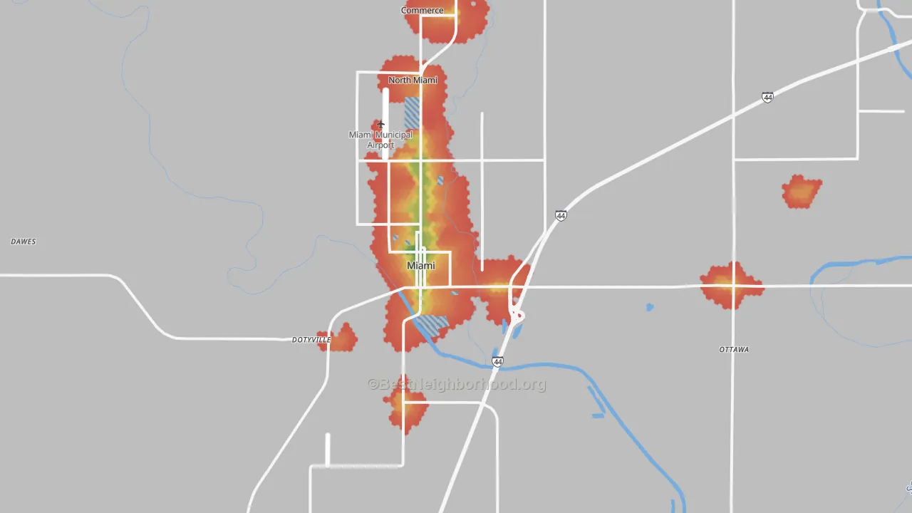 Walk Grade map of 74354, OK, walkable areas in green and car-dependent areas in red