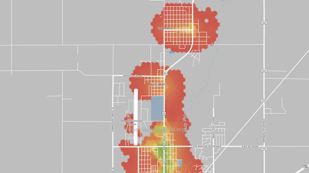 Walk Grade map of 74358, OK, walkable areas in green and car-dependent areas in red