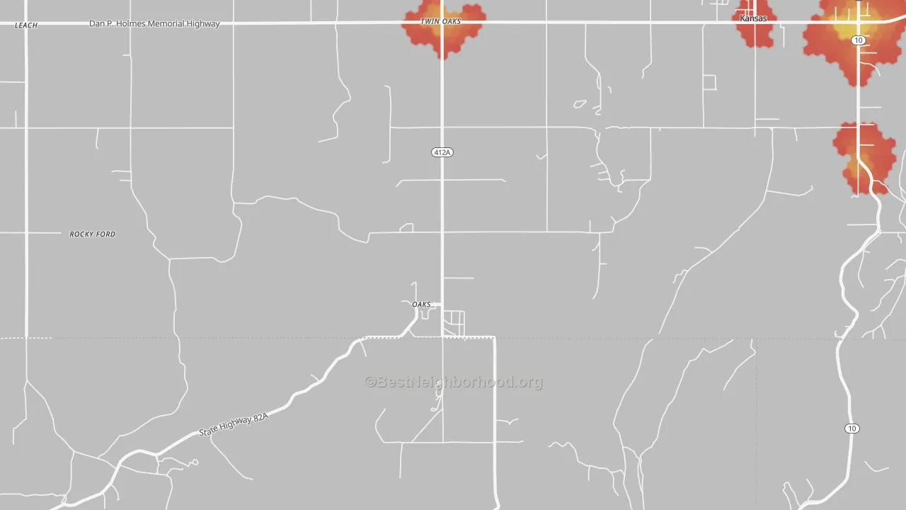 Walk Grade map of 74359, OK, walkable areas in green and car-dependent areas in red