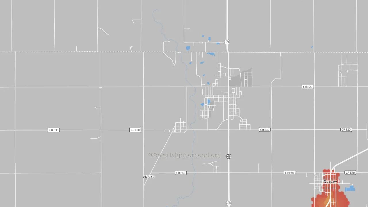 Walk Grade map of 74360, OK, walkable areas in green and car-dependent areas in red