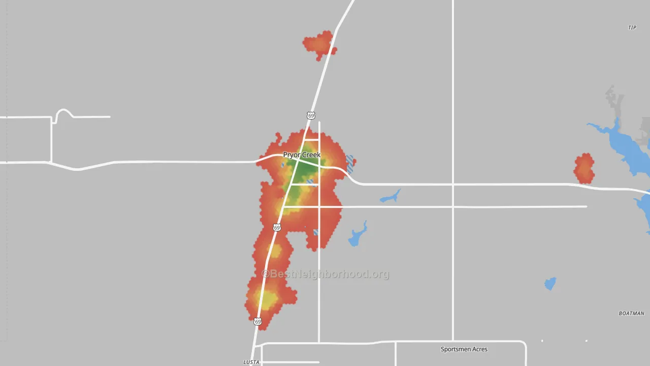 Walk Grade map of 74361, OK, walkable areas in green and car-dependent areas in red