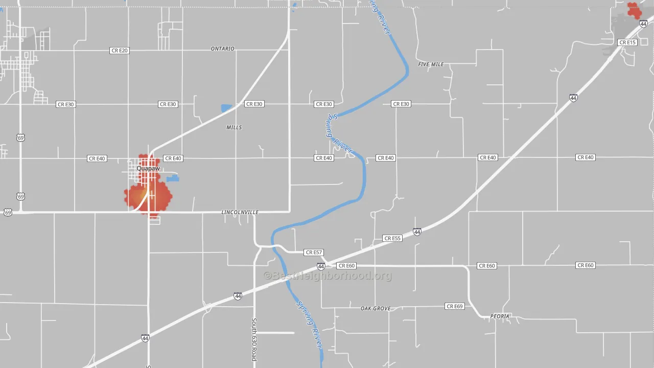 Walk Grade map of 74363, OK, walkable areas in green and car-dependent areas in red