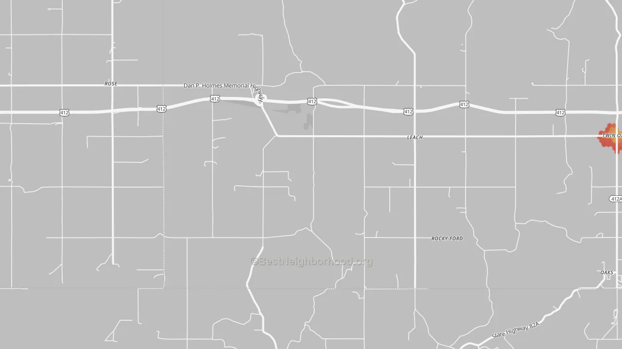 Walk Grade map of 74364, OK, walkable areas in green and car-dependent areas in red