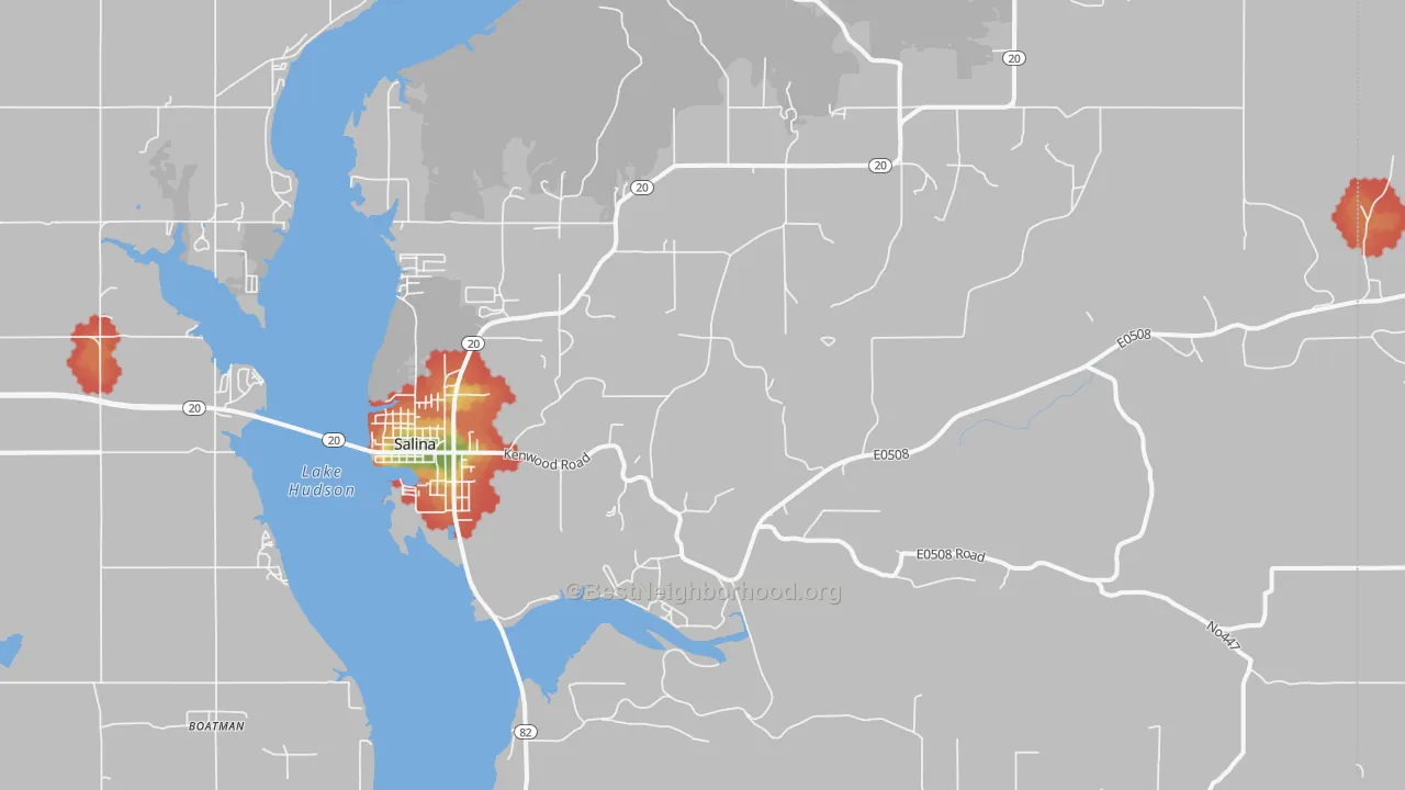 Walk Grade map of 74365, OK, walkable areas in green and car-dependent areas in red