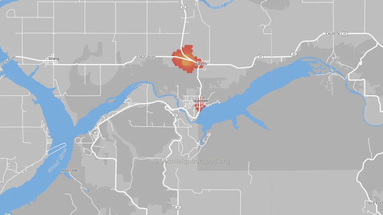 Walk Grade map of 74366, OK, walkable areas in green and car-dependent areas in red