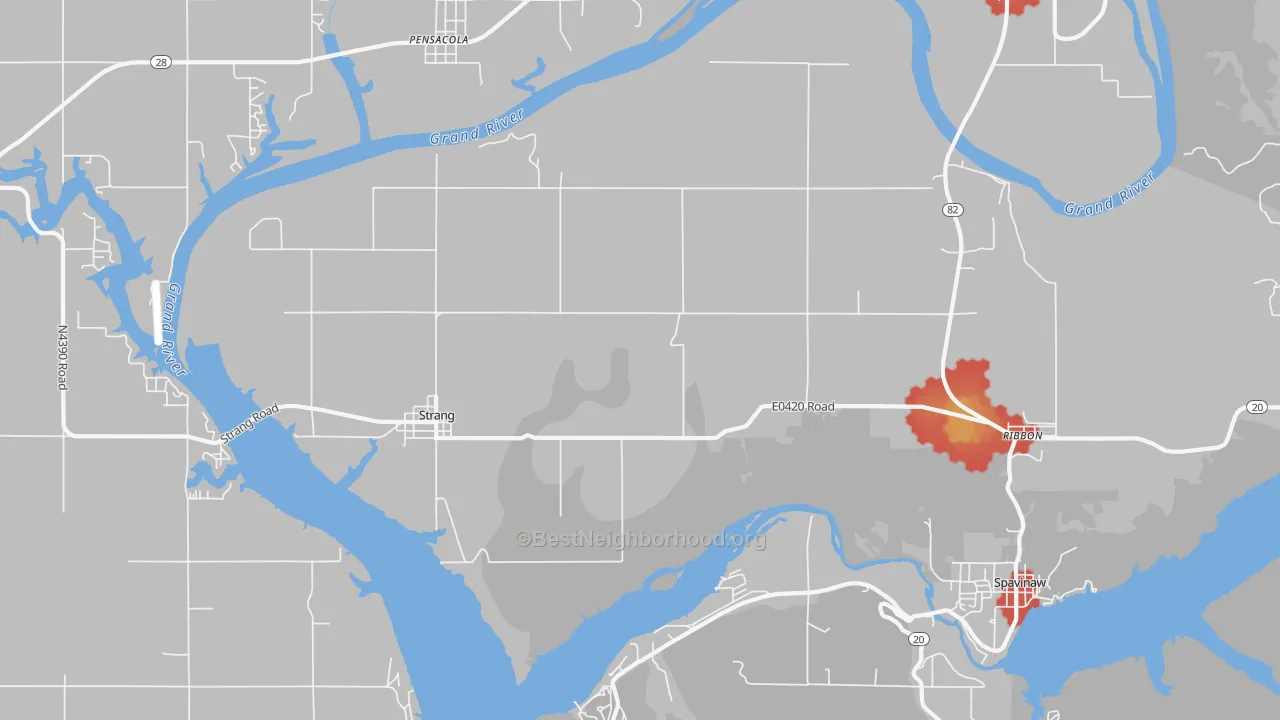 Walk Grade map of 74367, OK, walkable areas in green and car-dependent areas in red